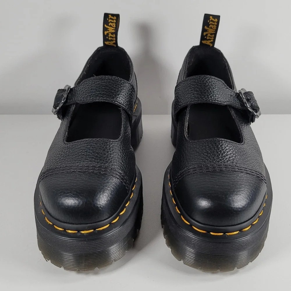 Dr. Martens Addina Flower Buckle Platform Mary Janes Black Milled Nappa Size 8